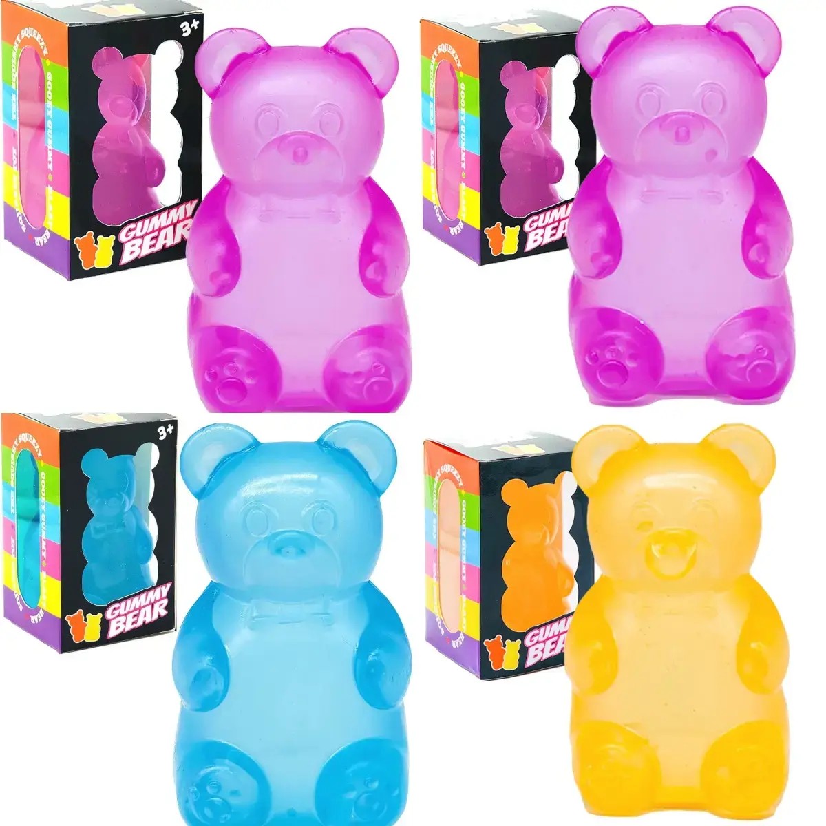 4 Pack Gummy Bear Sensory Fidget Toys - Jelly Filled Squishy Stress Relief Squeeze Toy | Perfect Birthday Gifts & Party Favors