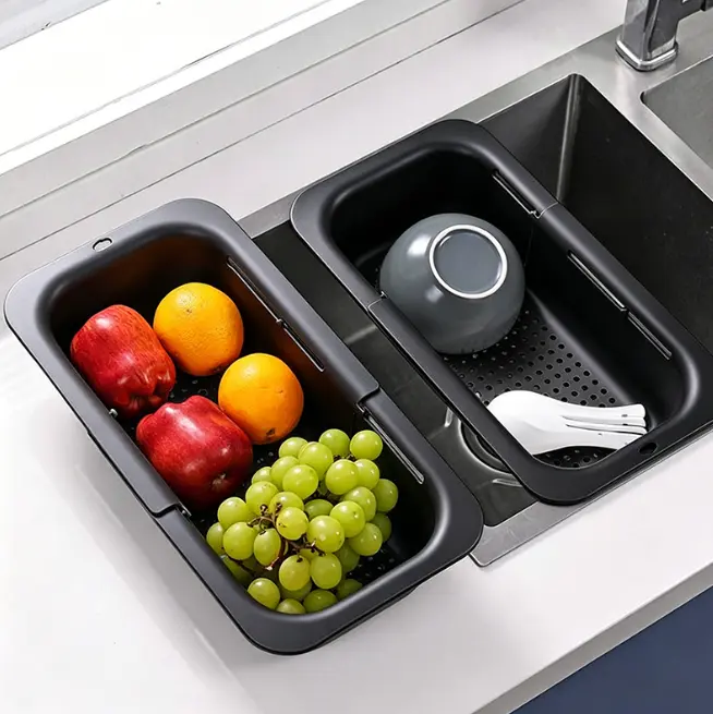 Expandable sink strainer basket saves kitchen counter space. Great for rinsing grapes, apples and drying bowls after meal cleanup.