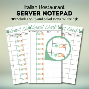 Italian Restaurant Server Book, Soup and Salad Order Tracking Pad, Restaurant Waitstaff Organizer, Server Notes Pad for Italian Dining Restaurants