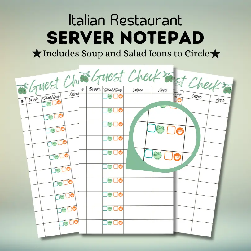 Italian Restaurant Server Book, Soup and Salad Order Tracking Pad, Restaurant Waitstaff Organizer, Server Notes Pad for Italian Dining Restaurants