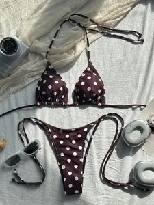 Brown Polka Dot Two-piece Swimwear, Sexy String Women's Bikini Set, Swimsuit Set, Beach Outfit, Trendy Summer Outfit