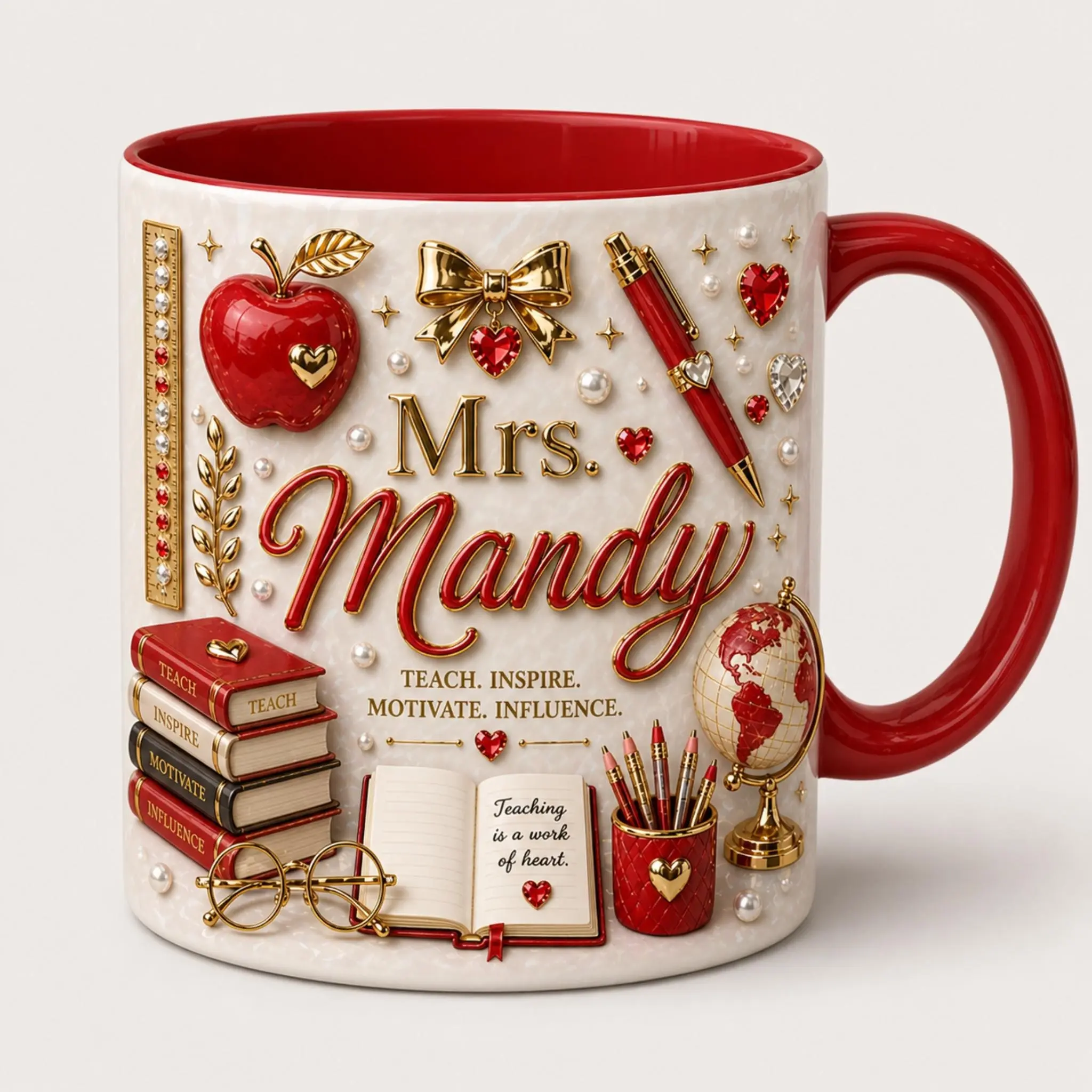 Personalized Teacher Mug 2D Printed 3D Effect, Custom Name Ceramic Coffee Cup with Apple Books Pen Globe Design, Gift for Teacher Women