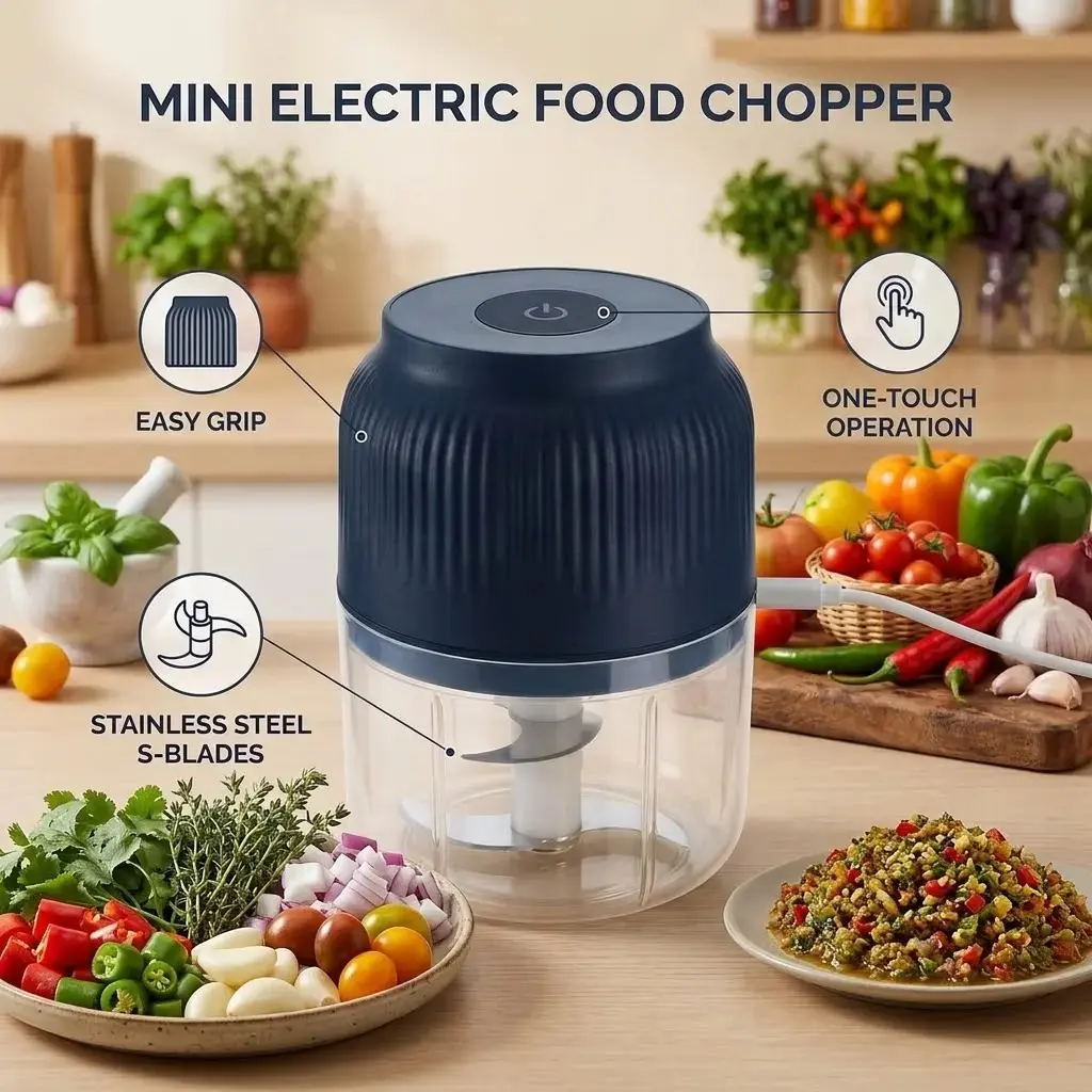 Electric Garlic Chopper, 4 Sharp Blades, Portable VeggieChopper, 200mL Garlic Grinder Masher Onion Chopper,Blender to Vegetable, Food Processor for Ginger, Chili, Fruit, Meat, Spices, Beans, etc