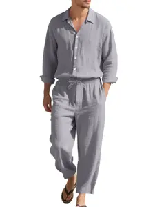 Men's Solid Long Sleeve Button Down Shirt & Pants Linen Set, Loose Casual Comfy Top & Trousers Set for Spring & Fall, Men's Clothes for Daily Wear