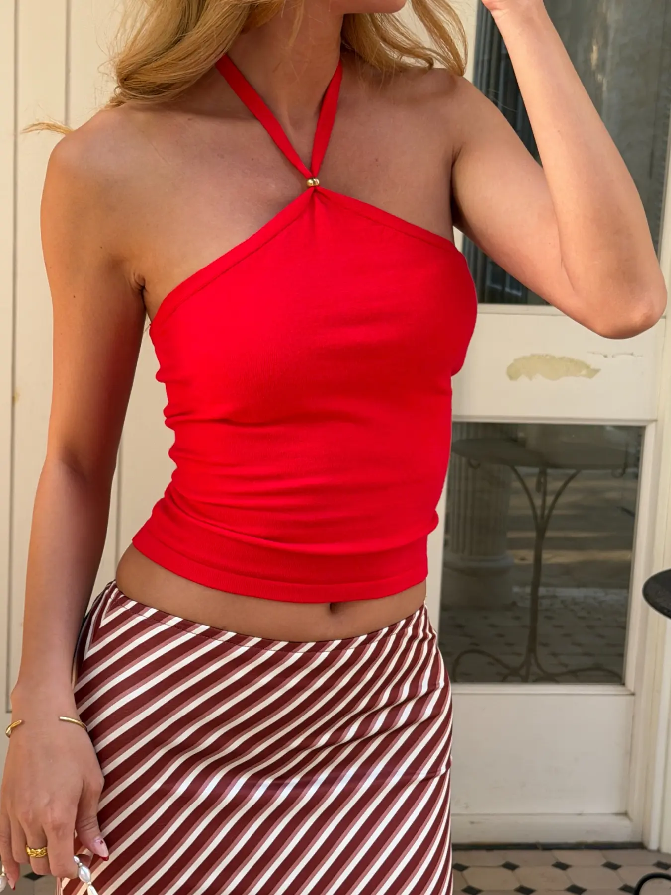 Red Halter Neck Design Tank Top Women Ribbed Knit Slim Fit Sleeveless Crop Top Backless Tie Strap Sexy Bodycon Top Casual Summer Streetwear Chic Going Out Outfit Soft Stretch Basic Camisole