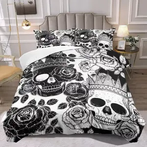 3-piece set, soft, breathable, skull print bedding set, Floral bedding sets, black and white rose flower pattern duvet cover set, 100% polyester, machine washable, suitable for all seasons, bedrooms or guest rooms, including 1 duvet cover and 2 pi