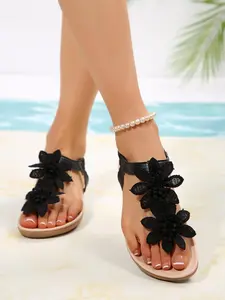 Women's Fashionable Flower Decorated Sandals, Classy Sandals, Casual Boho Style Flat Sandals for Summer Beach, Vintage All-match Barefoot Sandals for Women & Girls, Shoe