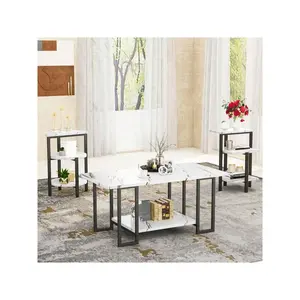 Indoor furniture  Set Of Rectangle Coffee And 2 Accent Faux Marble Tabletop 3 Piece Living Room Table Sets With Multi Tier Storage For Small Space Apartment