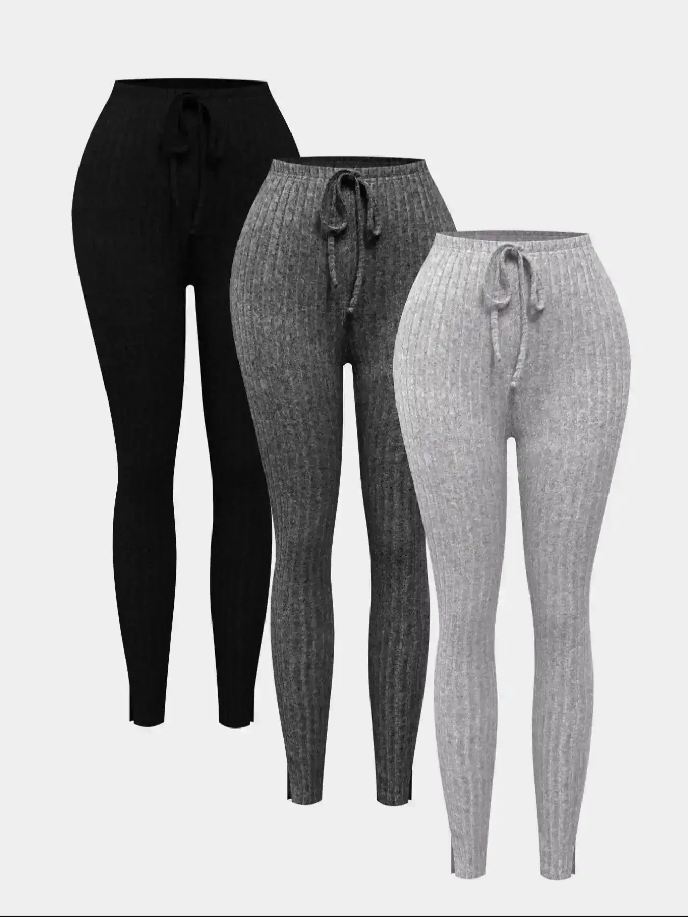 Women's Solid Tie Front Split Hem Ribbed High Waisted Leggings, Stretchy Soft Leggings, Casual Comfy Skinny Pants for Daily Wear, Ladies Bottoms for All Seasons, Breathable, Comfortable