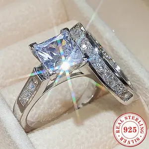 2Pcs Dazzling Women's Fashion 925 Sterling Silver Zircon Wedding Ring Set Engagement Party Birthday Anniversary Christmas Gifts for Women Girlfriend Fine Jewelry US Size 5-11#