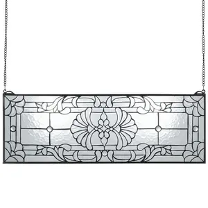 VEVOR Stained Glass Window Panel, 35.2x 13 Tiffany Hanging Transom Window Panel with Chain, Large Horizontal Rectangle Stain Glass, Vintage Traditional Art Handcrafts for Kitchen Home Decor