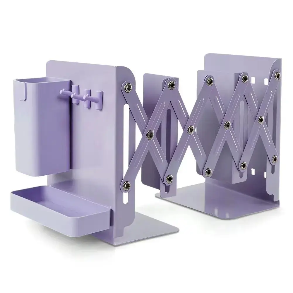 Expandable Retractable Metal Bookends with Pen Holder & Storage Tray – Adjustable Heavy Duty Book Ends for Books, Magazines, Office, Home & School