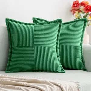 Set of 2 Super Soft Boho Decor Corduroy Striped, Wide Bordered, Square Throw Pillow Covers Couch Pillow Covers 18x18 inch Throw Pillows for Couch Throw Pillows for Bed (Emerald Green)