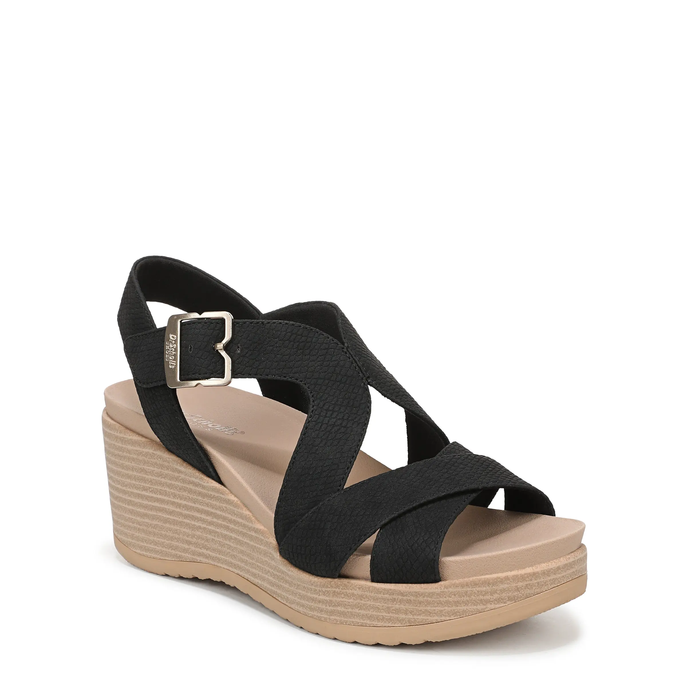 Dr. Scholl's Shoes Women's Cali Wedge Sandals, Faux Leather Crisscross Platform Heels with Adjustable Ankle Strap, Casual Beach Footwear, Casual Comfy Sandals, 2.625-Inch, Crisscross Straps, Recycled Liner, Anatomic Footbed, Adjustable Fit