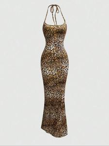 women's leopard print halter neck tie back sleeveless cami dress, fashion casual backless long dress for daily outdoor wear, ladies dress for summer, 90s clothes, womenswear, classy dresses, bodycon dress, elegant sleeveless dress