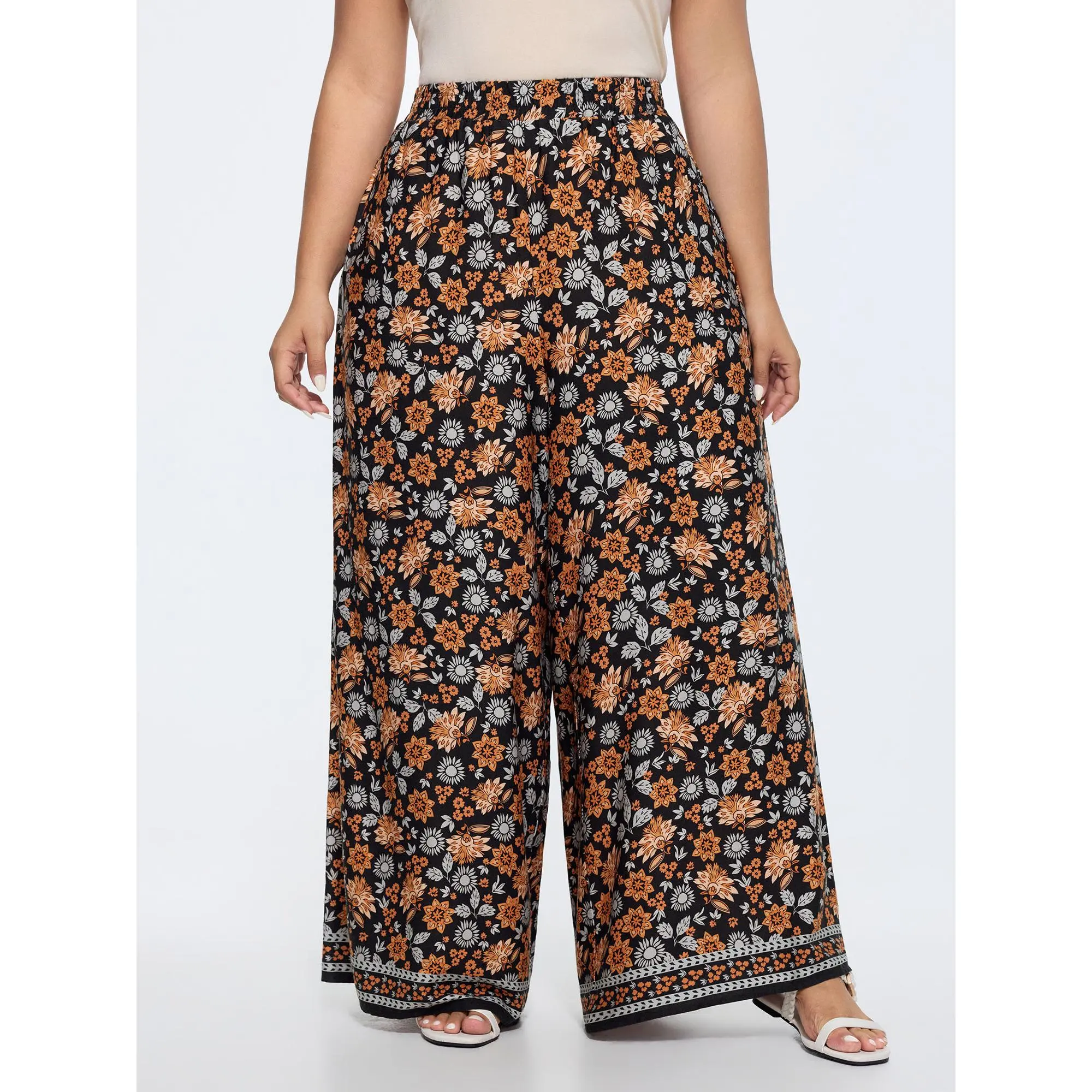 BloomChic Plus Size Everyday Floral Pants, Casual Loose Straight Leg Mid-Rise Fit in Smooth Rayon Spandex with Pockets, Trouser, Bottom, Simple, Breathable, Comfy