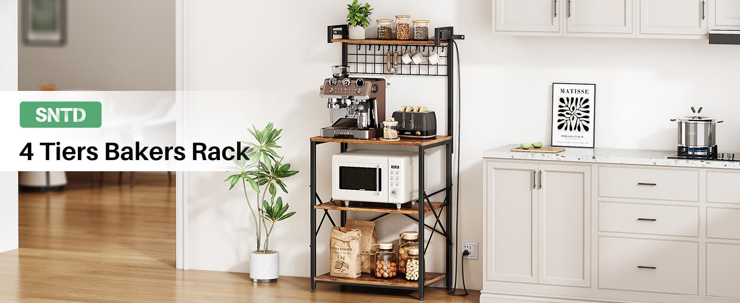 SNTD Bakers Rack with Power Outlet, Kitchen Shelves Microwave Stand with Wire Grid and 10 Hooks, 4 Tiers Coffee Stand