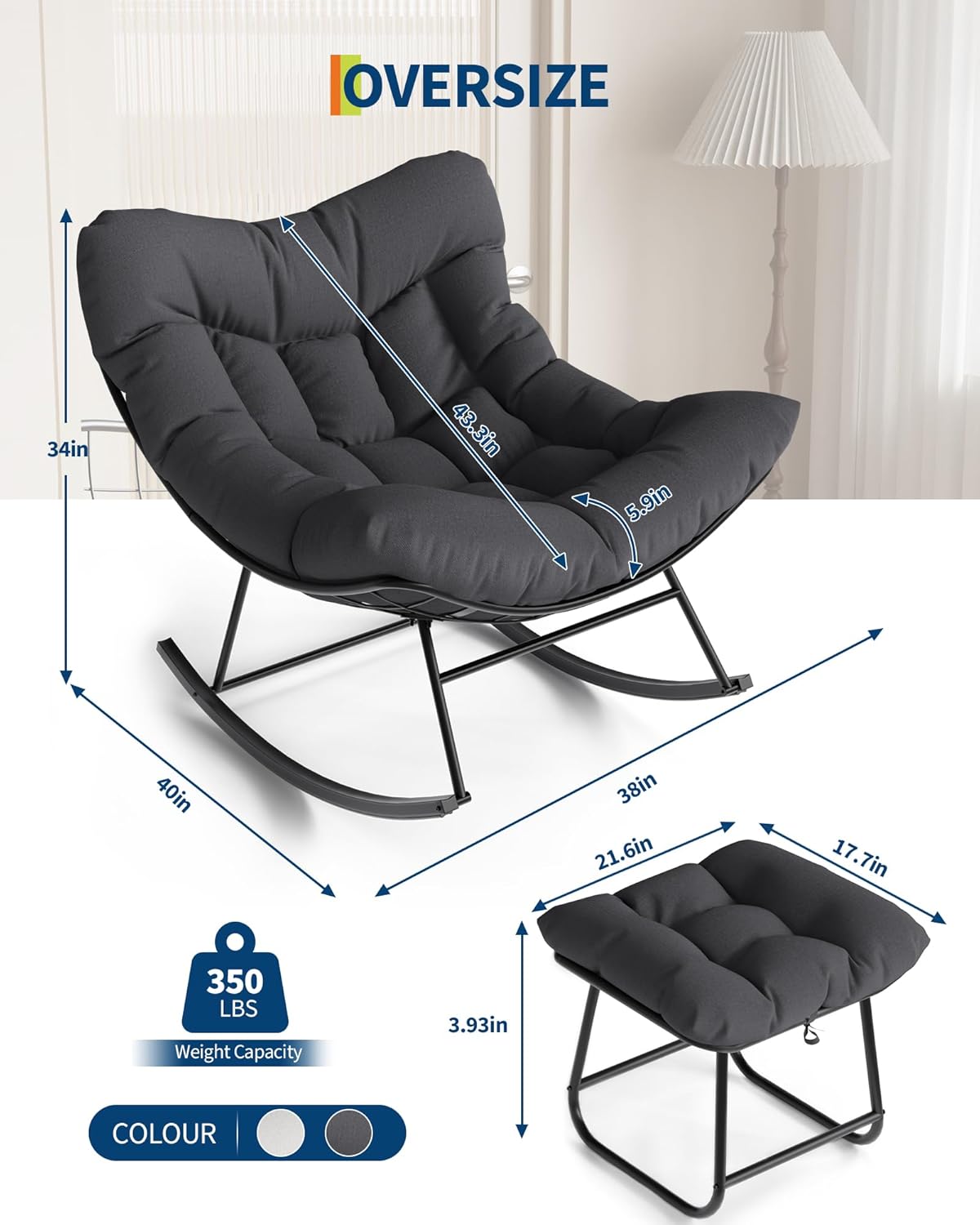 Outdoor Oversized Papasan Rocking Chair with Footrest, Patio Lounge Chair with Ottoman and Sturdy Metal Frame, Patio Rattan Egg Rocker for Balcony Backyard Porch Bedroom