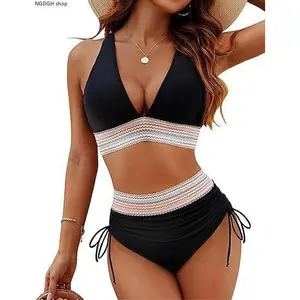 Boho Smocked Waist Two-Piece Swimsuit, Supportive Halter Top & Adjustable High Waist Bottom, Flattering Fit for All Body Types, Ideal for Cruises & Honeymoons