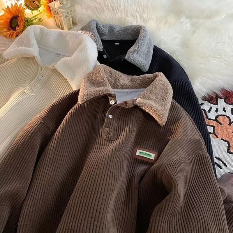 2026 NEW Corduroy Polo collar sweater couple autumn and winter style Fleece Lined simple fashion Polo Pullover Comfort Long Sleeve 2026 NEW Corduroy Polo collar sweater couple autumn and winter style Fleece Lined simple fashion Polo Pullover Comfort Long Sleeve