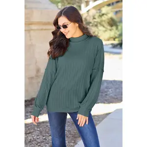Basic Bae Full Size Ribbed Exposed Seam Mock Neck Knit Top