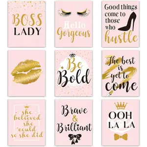 9 Pcs Inspiration Wall Decor for Women, Pink and Gold Makeup Lash Lips Wall Art Poster, Motivational Quotes Fashion Prints for Women Bathroom Bedroom Home Decor, 8 x 10 Inch, Unframed