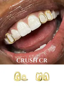 CRUSH CR 14K Gold Plated Hollow-Out Tooth Grillz, Accessory, Sparkling CZ Details and Versatile Heart/Oval Designs Birthday Galentine’s Gift for Friends Who Love Y2K Coquette Styles Ideal for Elevating Casual Outfits Special Occasions Like Photoshoots