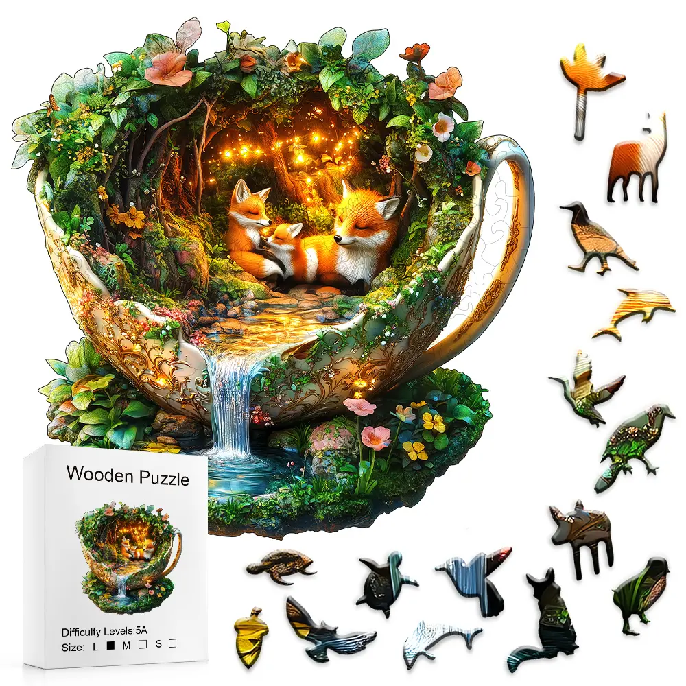 Glowing Teacup Wooden Puzzle - Whimsical Cozy Fox Family Scene, Glow Lights, Cascading Waterfall, Animals & Nature Themed Toy for Toddlers' Alphabet Learning