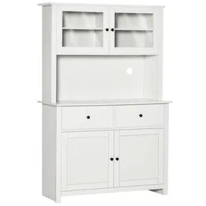 HOMCOM 63.5" Kitchen Buffet with Hutch, Pantry Storage Cabinet with 4 Shelves, Drawers, Framed Glass Doors, Open Microwave Countertop, Antique White