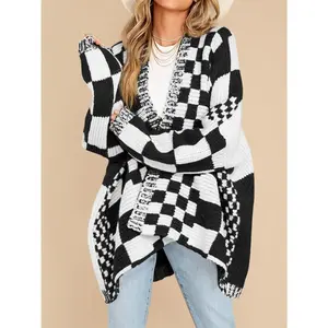 Saodimallsu Womens Checkered Sweater Color Block Plaid Cardigans Oversized Long Sleeve Knit Open Front Coats