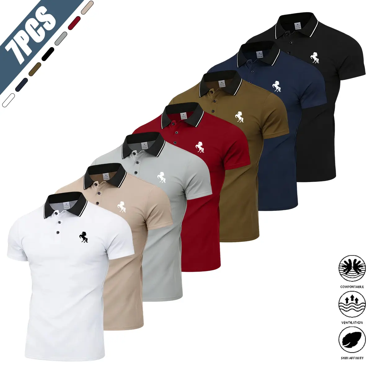 Men's 7-Pack Classic Plain Polyester Fabric Shortsleeve Polo Shirts, Athletic Basic Tops - Suitable for Casual Wear, Business Occasions, Golf Activities