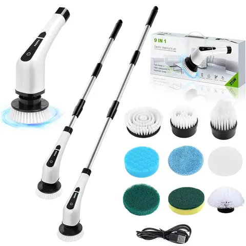 Cordless Electric Spin Scrubber Mop - High-Reach Expandable Handle, 9 Cleaning Brush Heads, IPX7 Rated, 5 Adjustable Speed Levels, Long-Lasting Battery, Multi-Component Set, Durable for Busy Households, Ideal for Kitchen + Shower