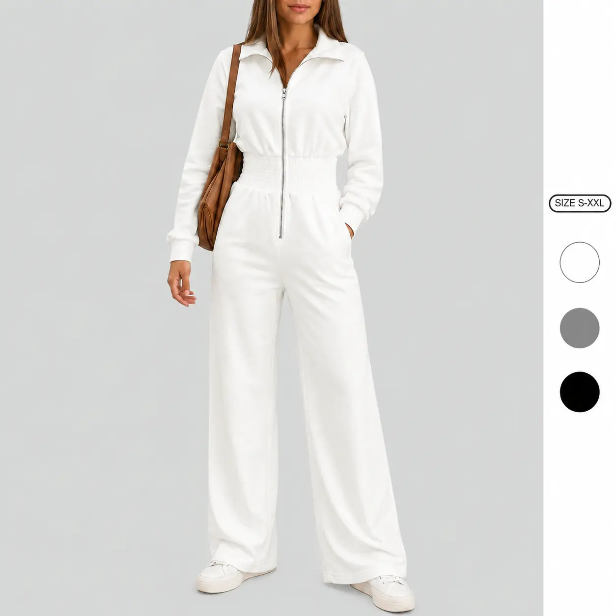 Imily Bela Women's Zip Front Jumpsuit Long Sleeve Collared One Piece Outfit Smocked Waist Wide Leg Casual Lounge Jumpsuit with Pockets