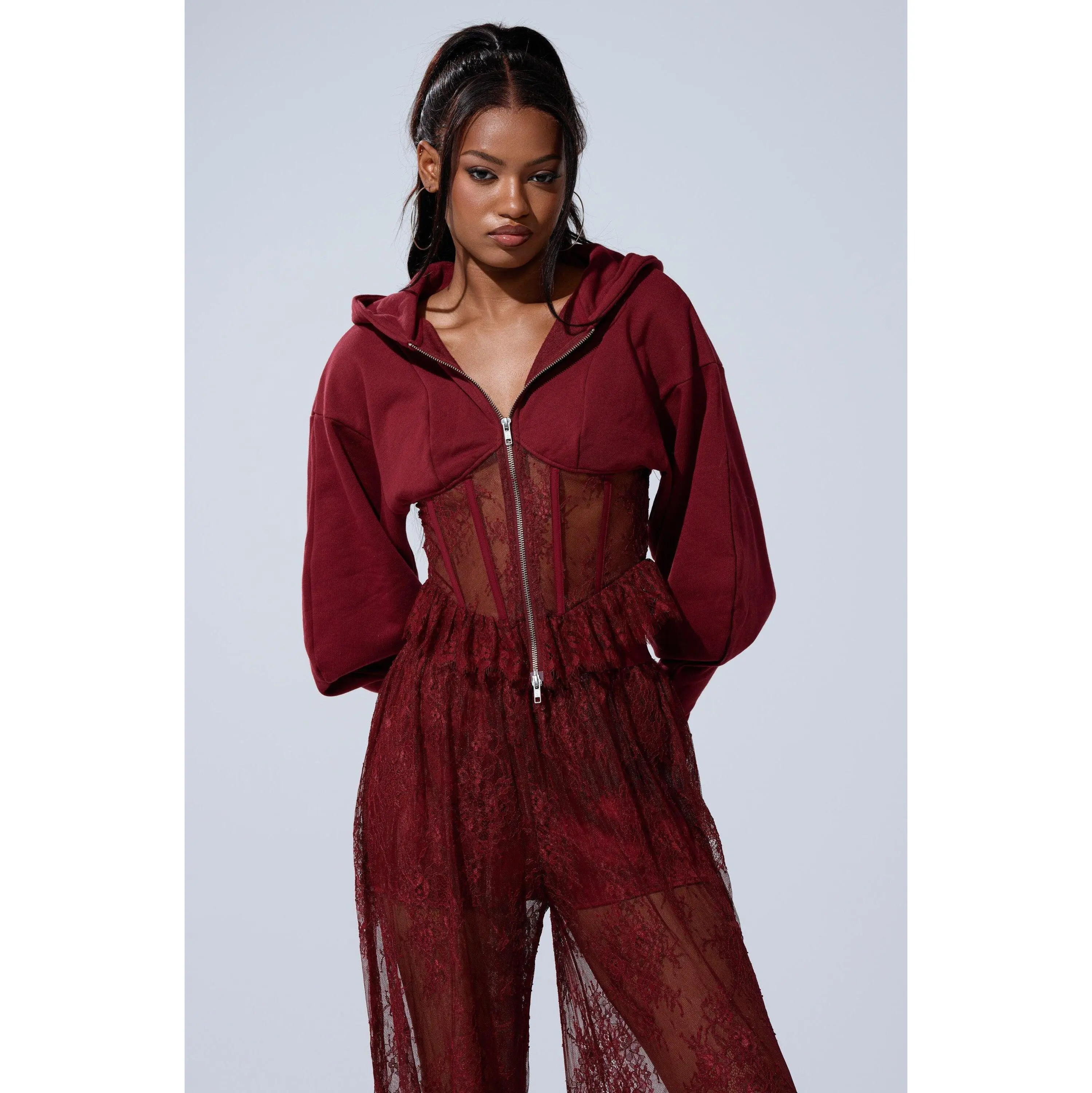 TOO TRENDY ZIP UP SWEATSHIRT WITH LACE