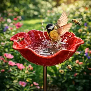 2026 New Handmade Metal Flower Garden Stake, Bee Watering Station, Colorful Butterfly Bee Pollinator Bath Bowl, Outdoor Yard Decor