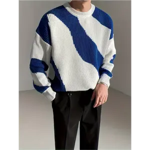 All Match Knitted Color Block Wave Pattern Cable Sweater, Men's Casual Warm Slightly Stretch Crew Neck Pullover Sweater For Fall Winter
