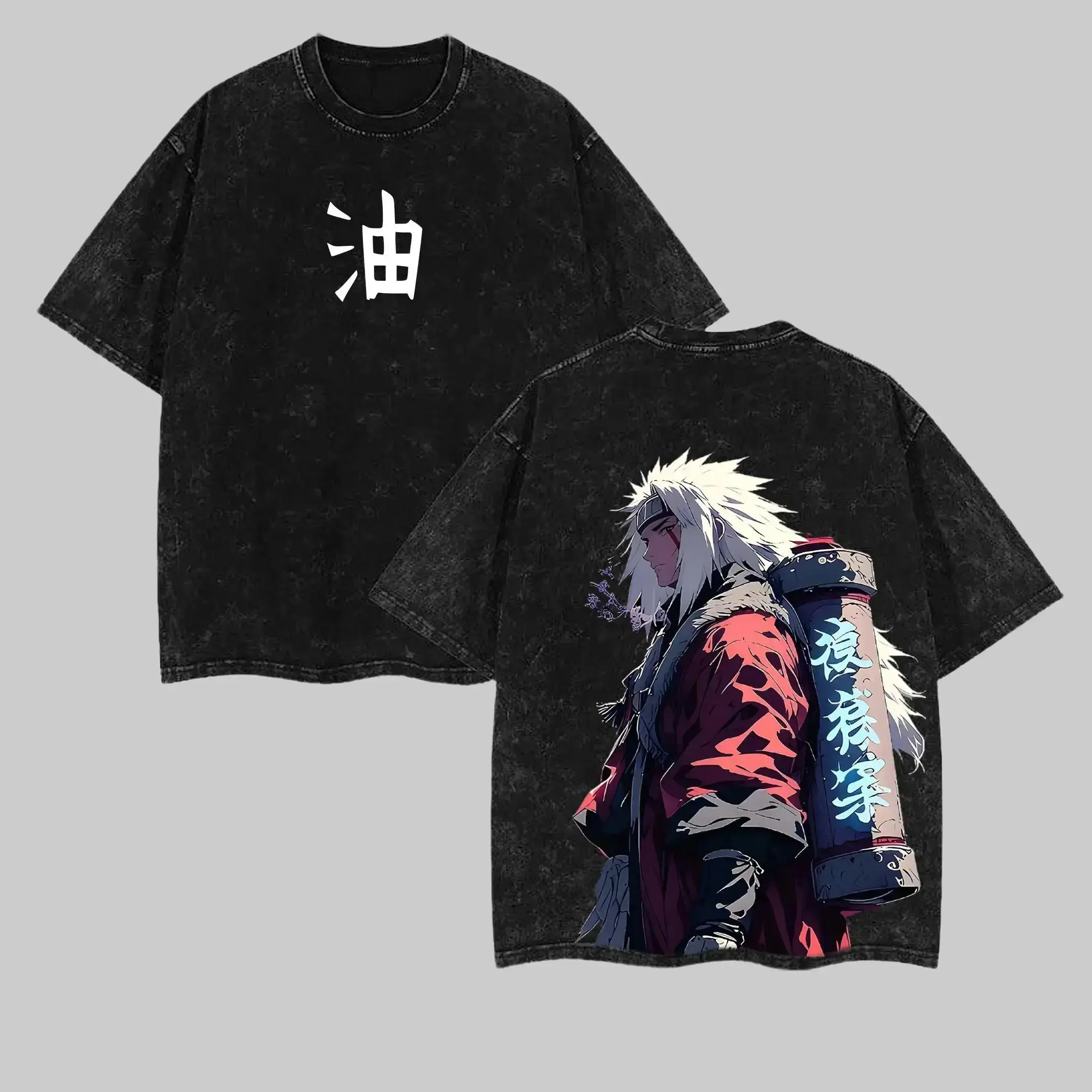 Jiraiya Sannin Vintage Washed T-Shirt – Anime Double Print Oversized Tee, Heavy Cotton Ninja Aesthetic Streetwear Shirt, Sage Inspired Casual Top, Anime Fan Gift