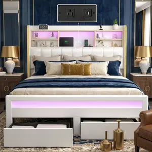 [Father's Day Gift] SIBEDS Queen LED Storage Bed Frame with Bookcase Headboard, Tufted Wingback Upholstered Platform Bed, Optional Mattress Available, Charging Ports, Drawers, No Box Spring Needed, Bedroom Furniture