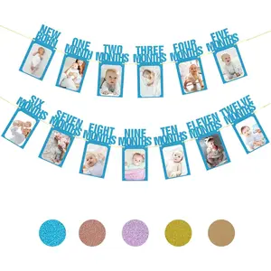 First Birthday Decorations for Baby from Newborn to 12 Months, 1st Birthday Photo Banner for Boy/Girl, Birthday Photo Banner Decor (Blue)