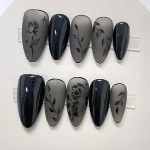 140.Smoky Black Rose Press-On Nails, Matte-to-Gloss Gradient Finish, 3D Glossy Floral Embossed Art, Monochrome Noir Aesthetic, Elegant Handmade Set, Gothic Mood Gift for Her