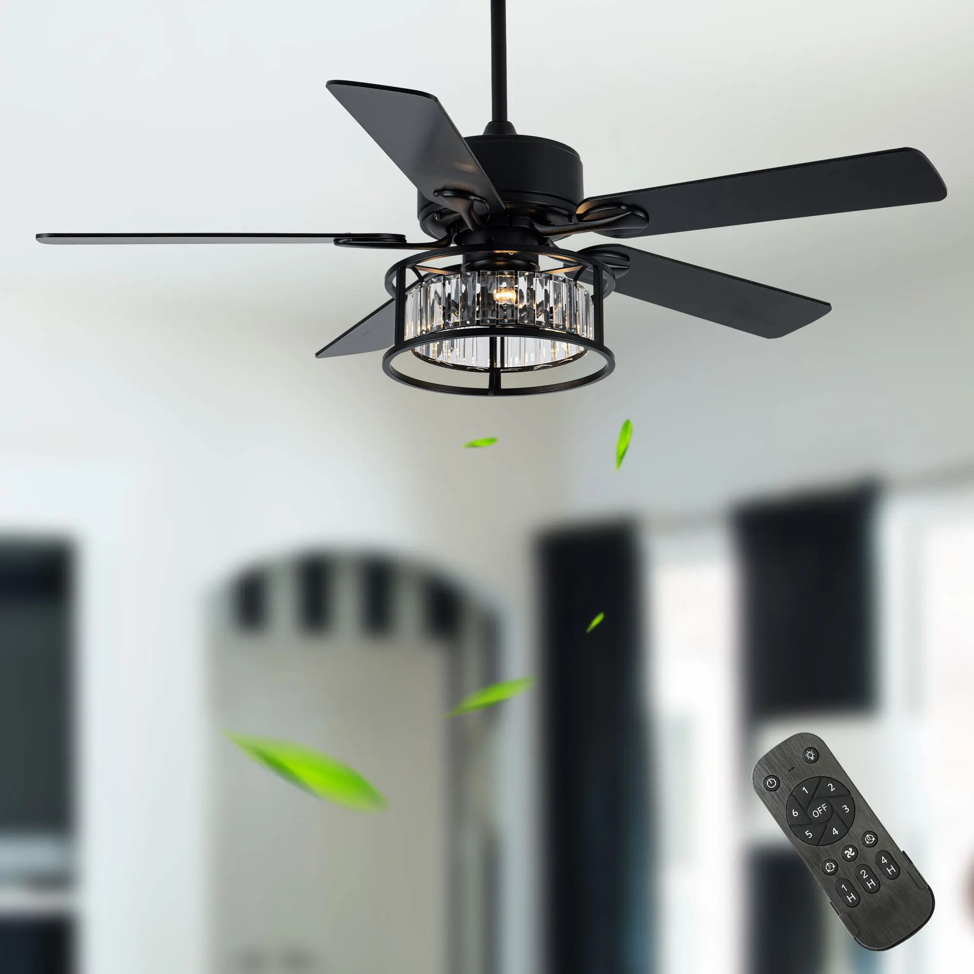 52" Large Size Luxury Crystal Caged Reversible Ceiling Fan with Lights and Remote, DC Motor Low Noise Ceiling Fan for Home Decoration