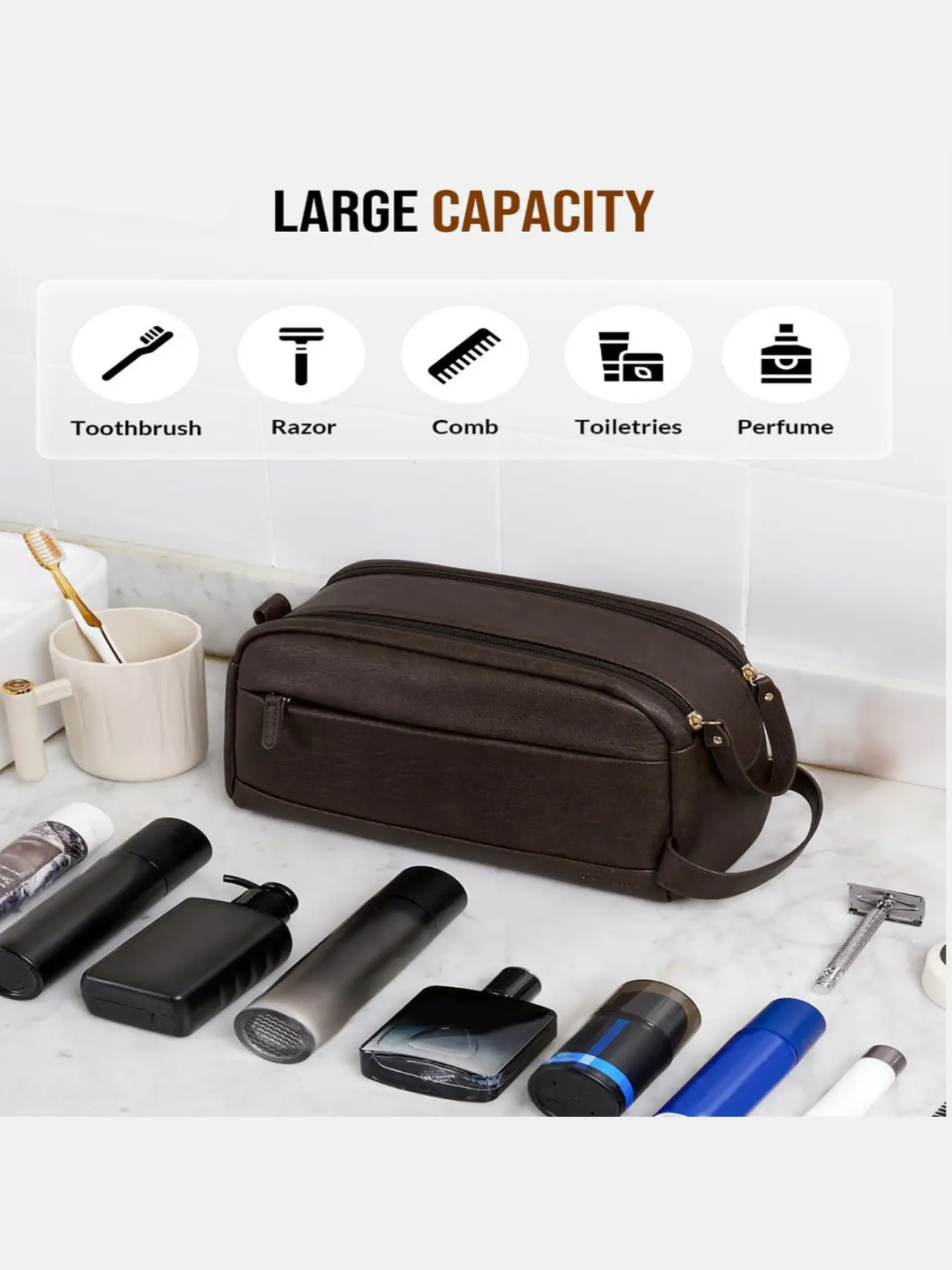 Waterproof Leather Men's Toiletry Bag, Personalized Travel Washbag, Travel Essentials Bag, Toiletry Pouch, Travel Bag For Toiletries, Waterproof Cosmetic Bag, Perfect Birthday Anniversary Gift for Father Husband Boyfriend