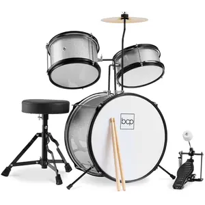 Best Choice Products Kids 3-Piece Beginner Drum Set with Sticks, Cushioned Stool and Drum Pedal - Silver