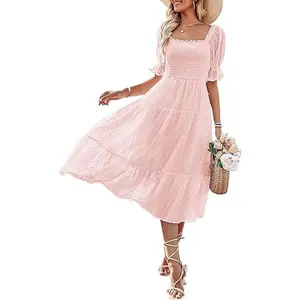 MEROKEETY Women's 2025 Summer Square Neck Puff Sleeve Boho Midi Dress Swiss Dot Ruffle Flowy Tie Back Dress