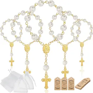 30pcs Mini Rose Rosary Bracelets, Acrylic 3D Rose Beads, Organza Bag & Thank You Card, Perfect for Baptism, First Communion, Wedding Gifts，Mini Finger Baptism Rosaries Faux Pearls with Organza Bags for Christening Weddings Party Favors