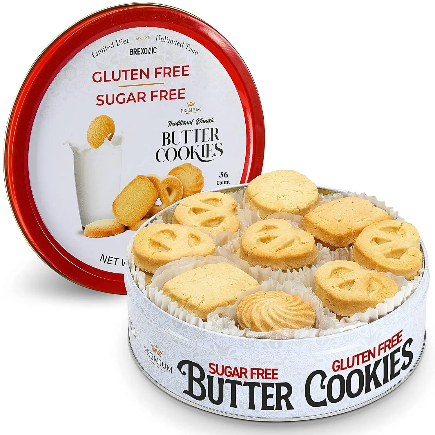 Gluten-Free Sugar-Free Butter Biscuit Snacks, 36-Count Traditional Danish Shortbread Cookies for Diabetics, Premium Assorted (1 Pk, 11 oz), Snack