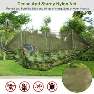 "Outdoor camping double portable hammock + mosquito net |   Ultra-light folding nylon hammock, 600-pound load-bearing, with tree strap hook, a must-have for family camping/hiking/travel"