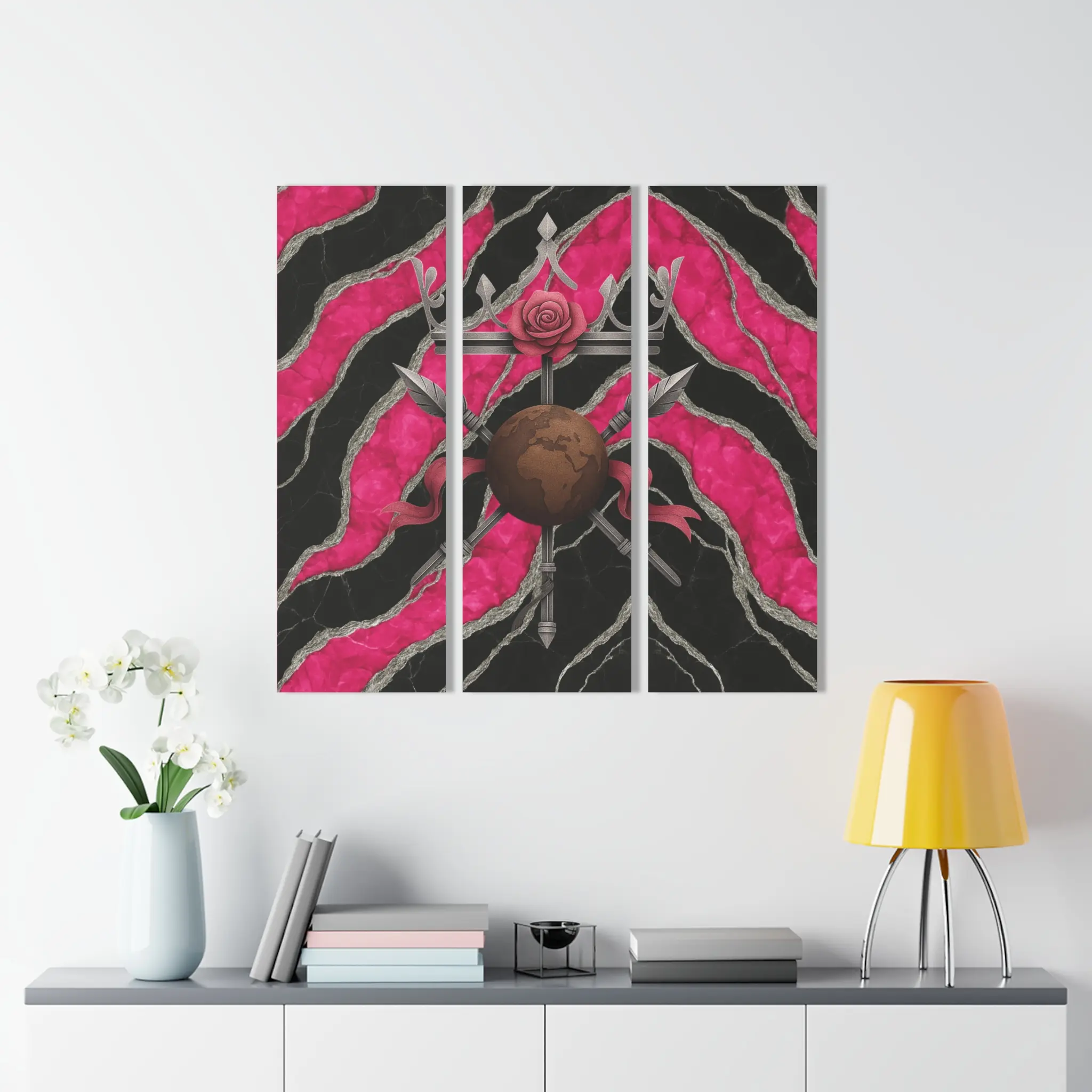 Blossoming Guard Emblem Acrylic Prints (Triptych), Pink Silver & Black Marble Fantasy Wall Art, Brown and Brilliant Luxury Home Décor