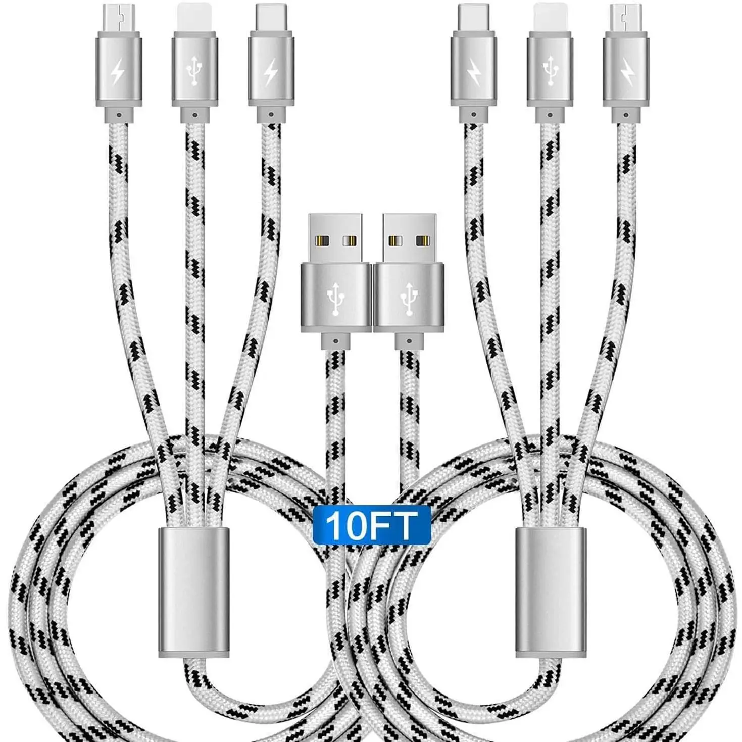 10Ft Multi Charging Cable 3A 2-Pack Braided Fast Charging 3-in-1 Multiple Charger Cable with IP/Micro USB/Type C Adapter Port for Cell Phones/iPhone 16 15 14 13/ Samsung/Pixel/Tablet and More