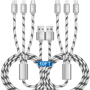 10Ft Multi Charging Cable 3A 2-Pack Braided Fast Charging 3-in-1 Multiple Charger Cable with IP/Micro USB/Type C Adapter Port for Cell Phones/iPhone 16 15 14 13/ Samsung/Pixel/Tablet and More